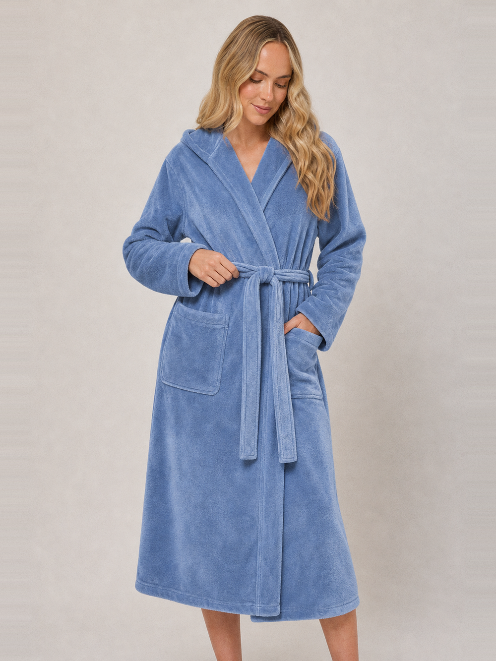 Robe de chambre bleue femme à capuche – ceinture et poches