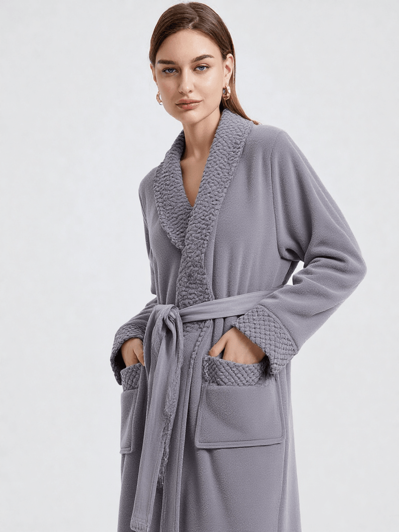 Robe de chambre polaire chaude femme, vue portée, chaud, femme, gris, hiver, kimono, long, mami, polaire, uni