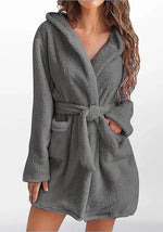 Kurzer grauer Damen-Morgenmantel aus Fleece  - Vignette | Ma robe de chambre