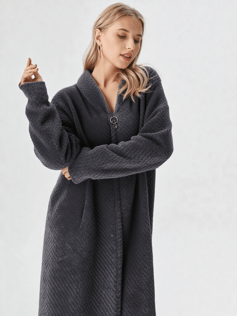 Robe de chambre polaire femme zippée, vue portée, ado, chaud, femme, fermeture, fille, gris, hiver, long, maternite, mrb-exclude-femme-hub, pilou, polaire, zip