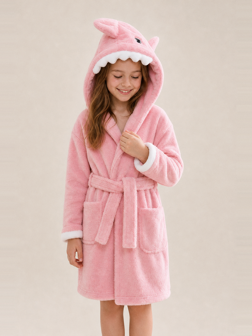 Robe de chambre fille 2 ans rose à capuche requin – la fermeture