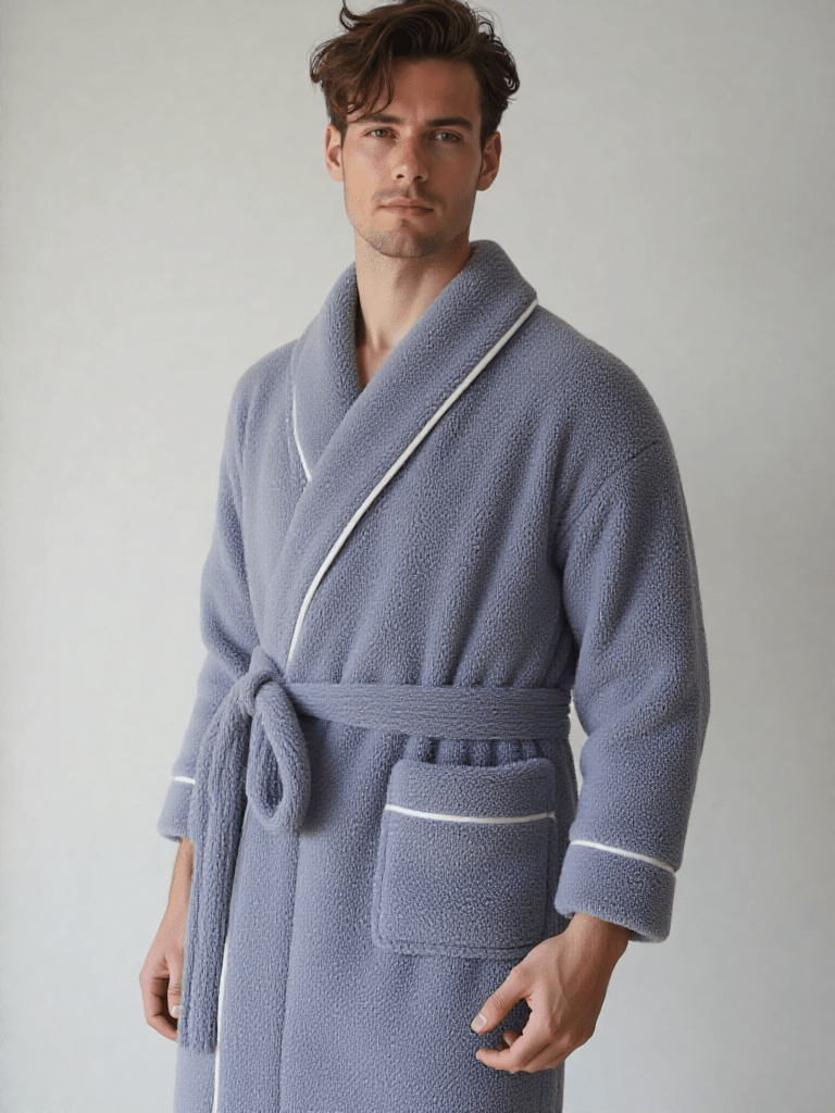 Robe de chambre polaire homme grande taille, vue portée, bleu, chaud, couple, grandetaille, hiver, homme, laine, long, luxe, pilou, polaire, uni
