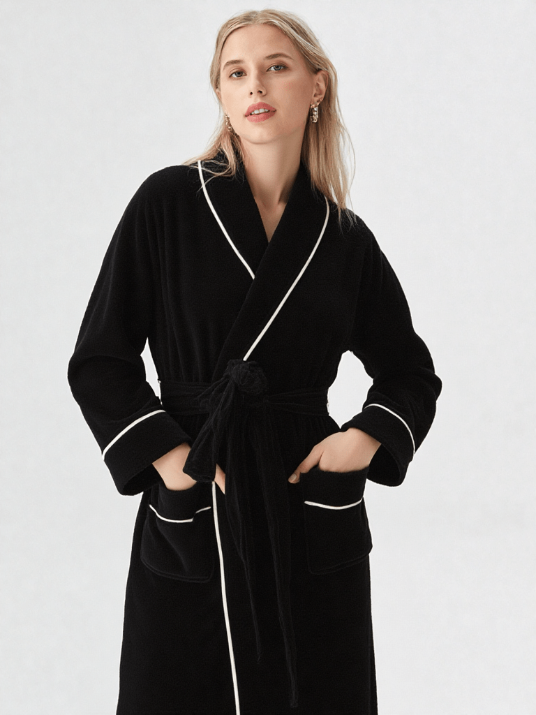 Robe de chambre polaire noire femme, vue portée, chaud, femme, gris, hiver, kimono, long, mami, pilou, polaire, treschaud, uni, velour