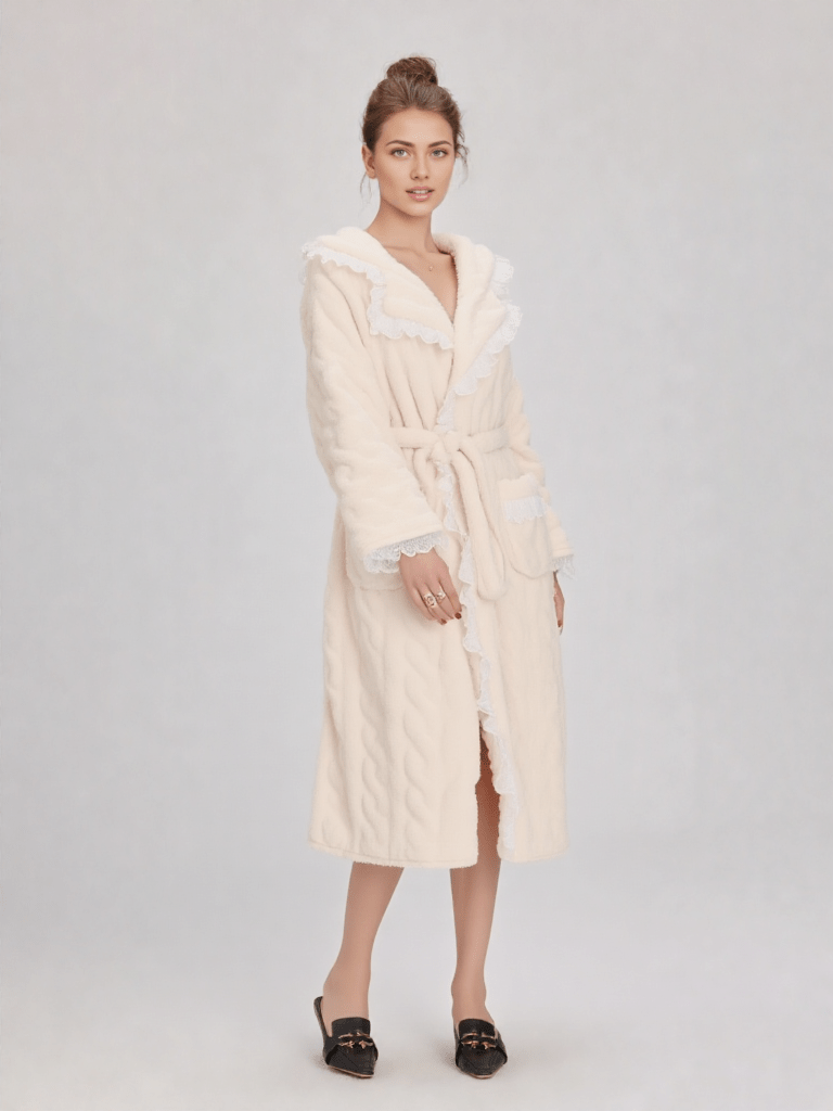Robe de chambre polaire originale, vue portée, chaud, chic, femme, hiver, long, original, pilou, polaire, rose, uni