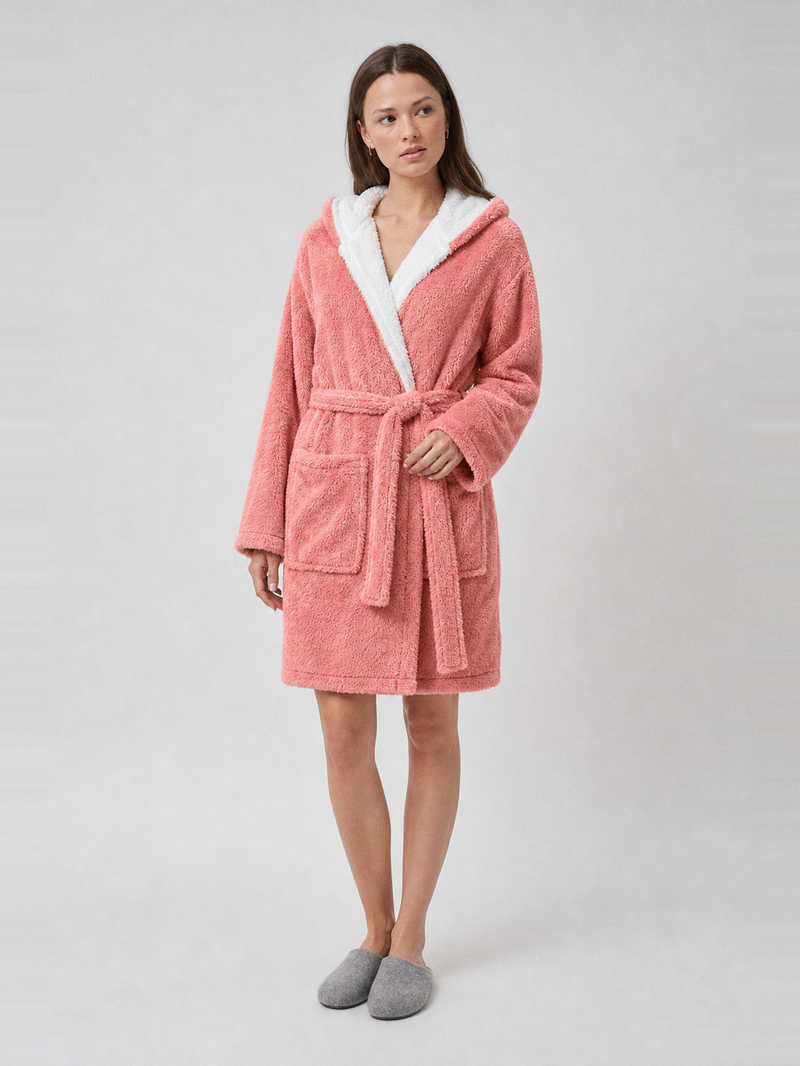 Robe de chambre moumoute femme rose à capuche – portée de face