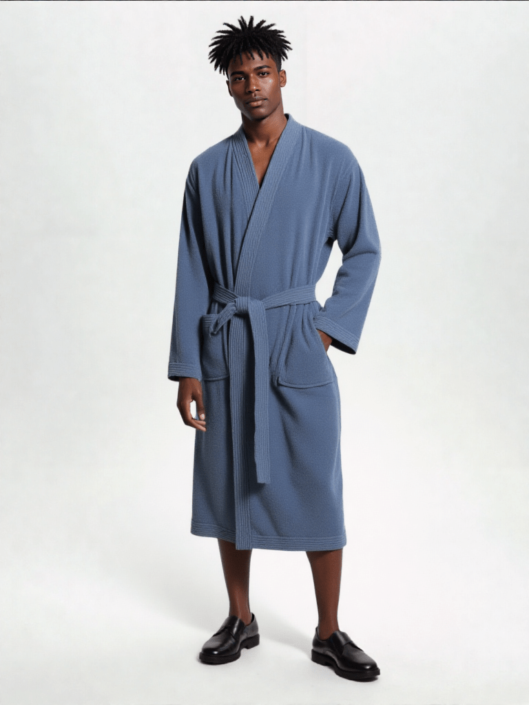 Robe de chambre pour homme en ratine de coton, vue portée, bleu, coton, homme, kimono, long, uni