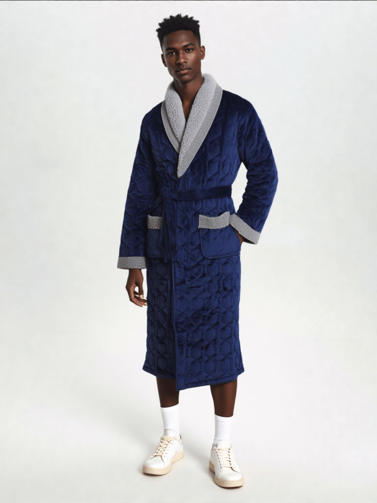 Robe de chambre pour homme hiver, vue portée, chaud, chic, coton, hiver, homme, kimono, long, luxe, matelasse, treschaud, velour