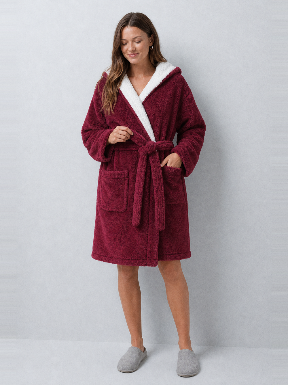 Robe de chambre rouge femme – ceinture et poches