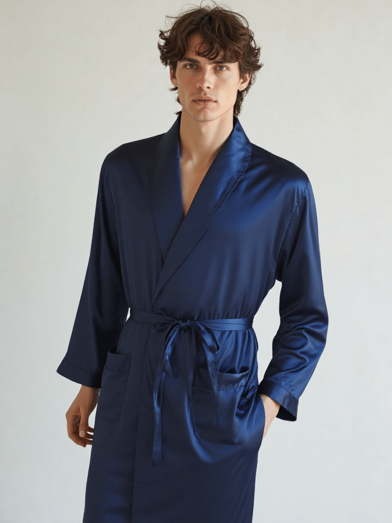 Robe de chambre satin homme, vue portée, bleu, grandetaille, homme, kimono, leger, long, original, satin, uni, été
