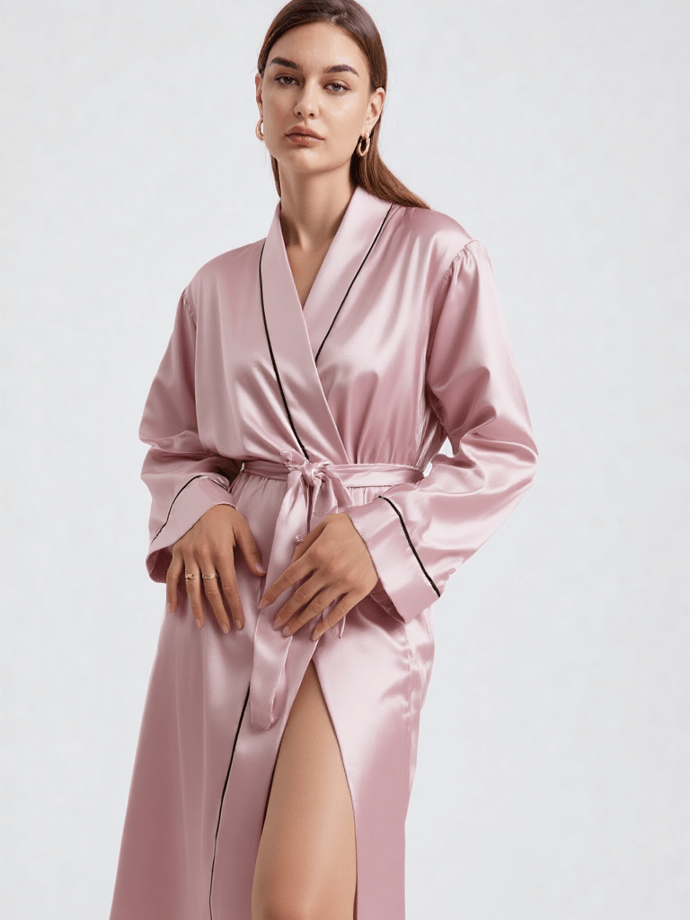 robe de chambre satin longue, vue portée, femme, kimono, leger, long, luxe, rose, satin, soie, uni, été