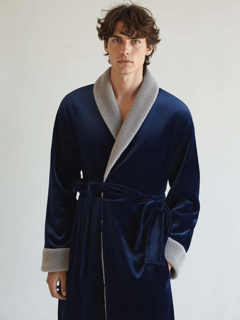 Robe de chambre tres chaude pour homme, vue portée, bleu, chaud, hiver, homme, long, pilou, polaire, uni, velour