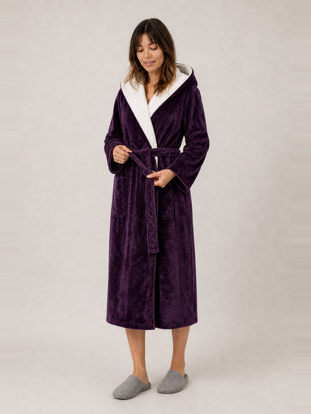 Robe de chambre velours femme à capuche – ceinture et poches