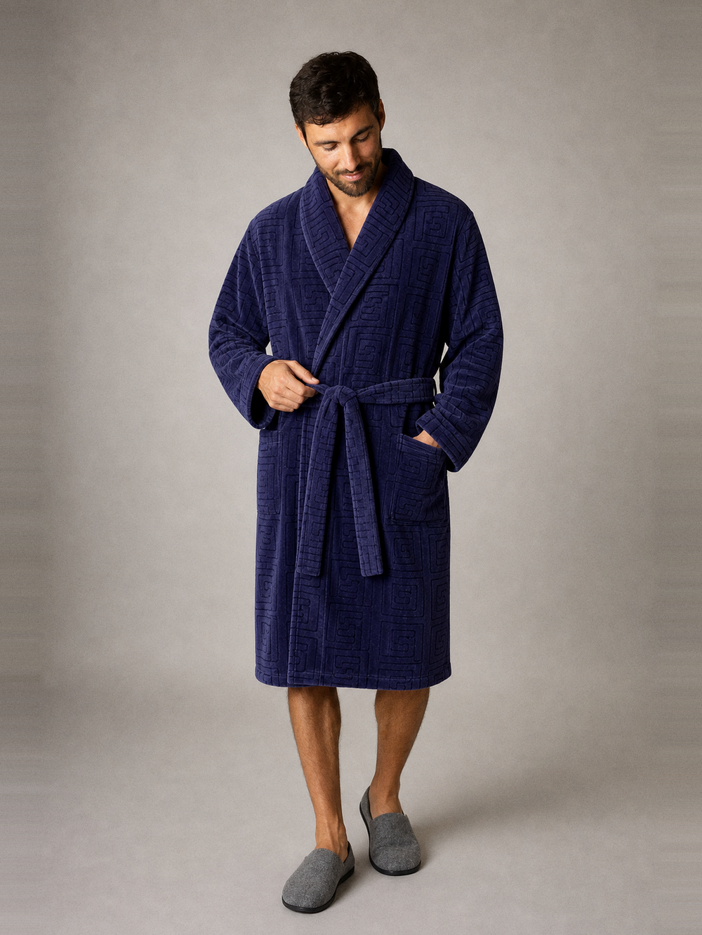 Robe de chambre velours homme bleu nuit – ceinture et poches