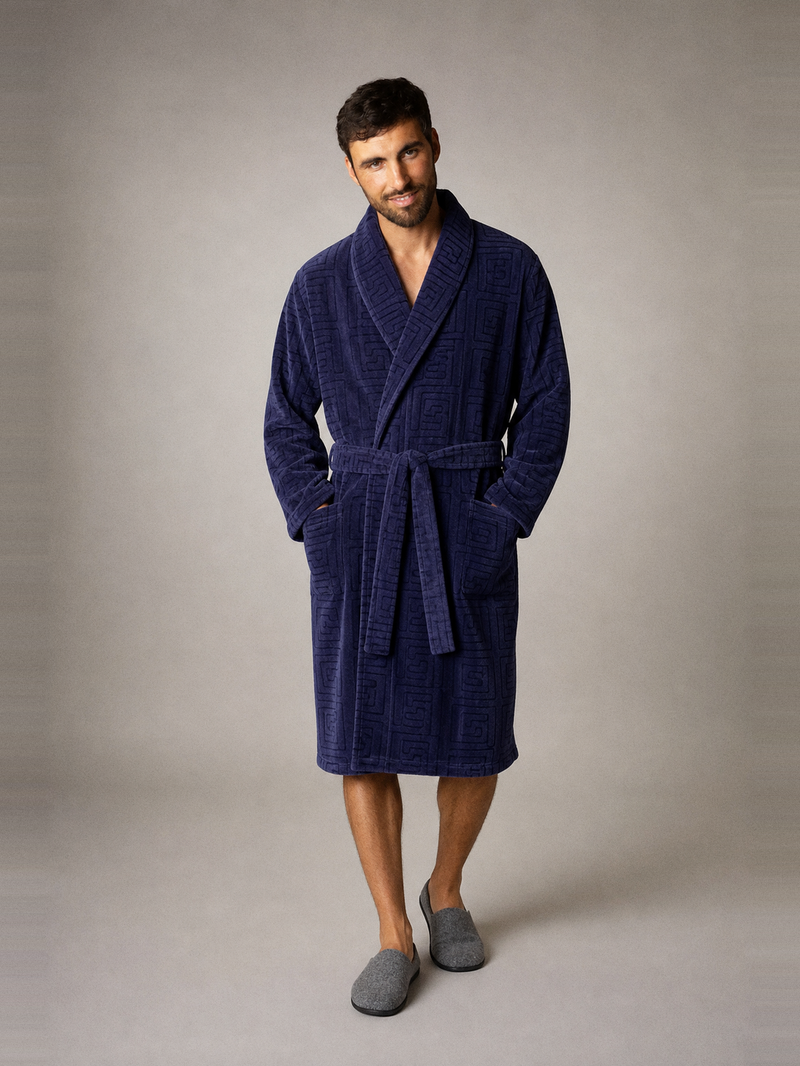 Robe de chambre velours homme bleu nuit – portée de face