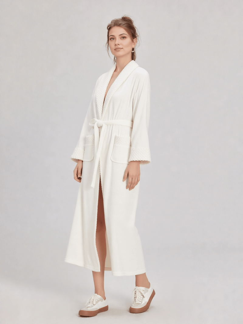 Robe de chambre velours longue, vue portée, blanc, chaud, femme, hiver, long, pilou, polaire, uni, velour